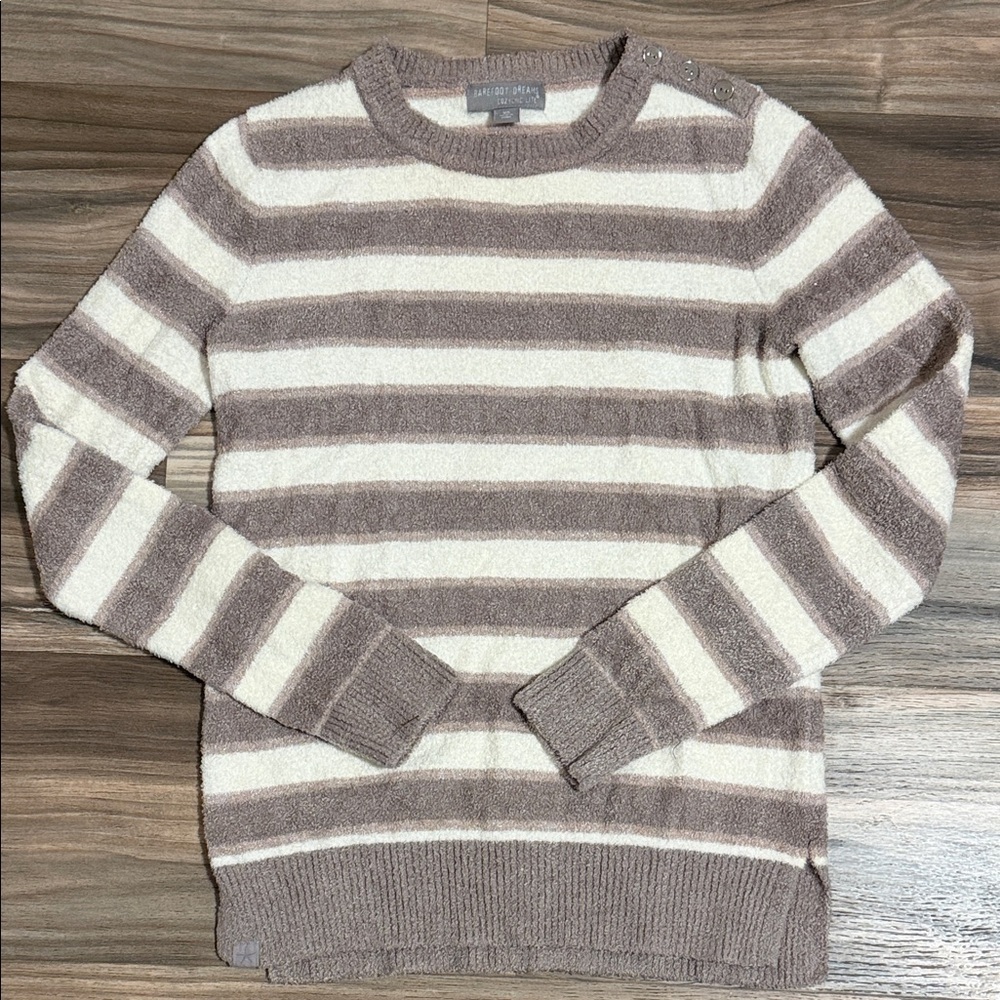 Barefoot Dreams CozyChic Lite Taupe Striped L/S Pullover Sweater Women’s XS